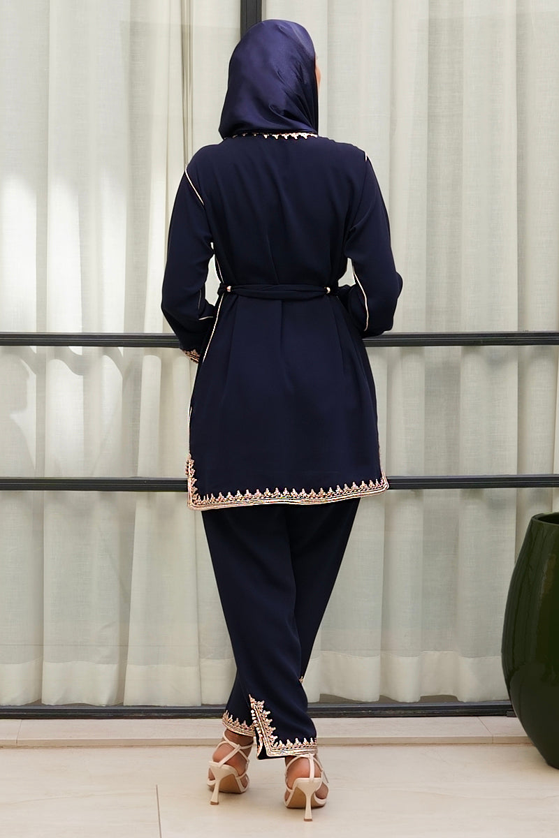 Ensemble jabador femme marocain Sahar Édition bleu marine, jabador et pantalon assortis